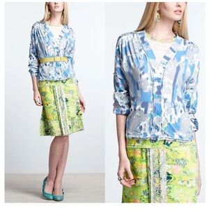 Anthropologie Sweater M GREGORY Button Cardigan BLUEBERRY Lime Cotton Floral NWT